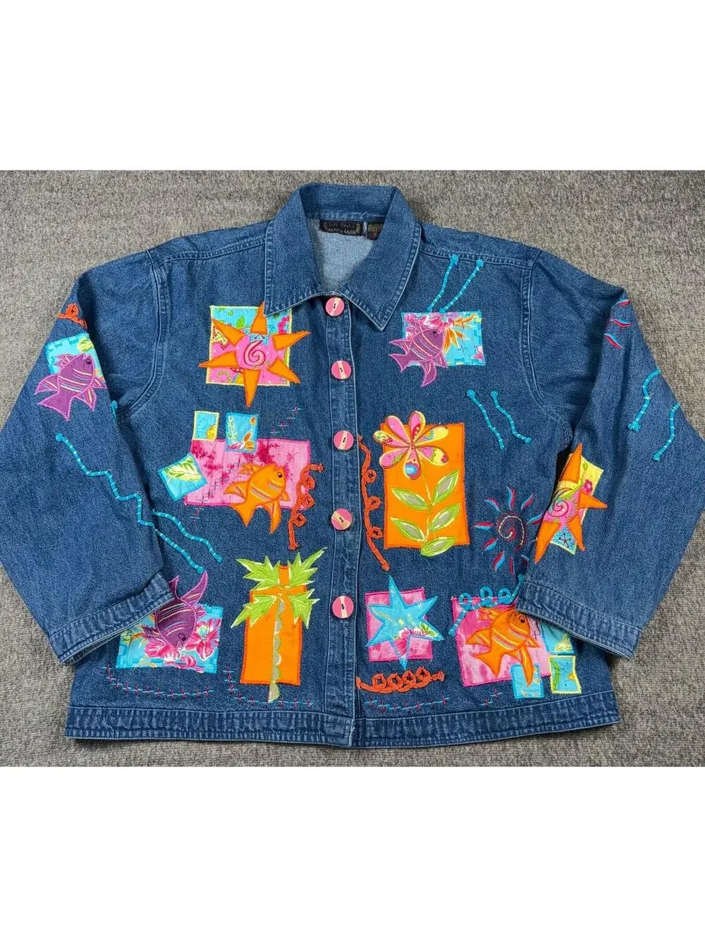Life Style embroidered Denim wooden-button Jacket size XL Vintage Art to wear - Picture 1 of 5